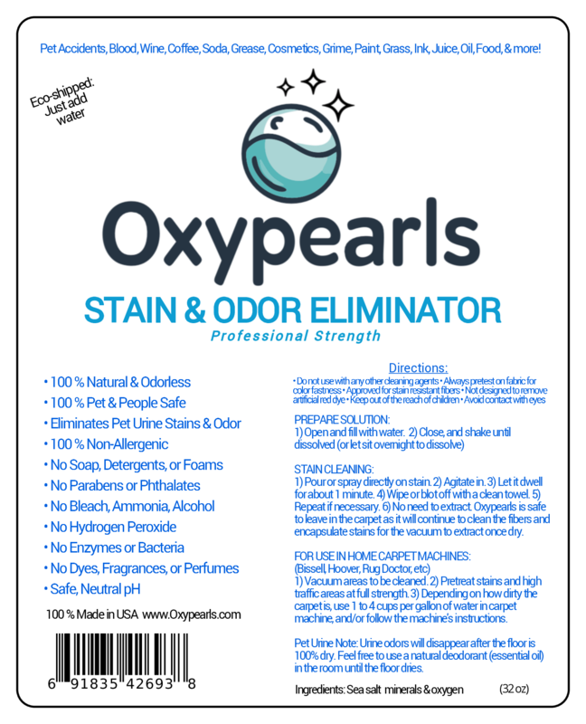 32 oz spray bottle of Oxypearls Carpet, Upholstery, and Pet Stain & Odor Eliminator