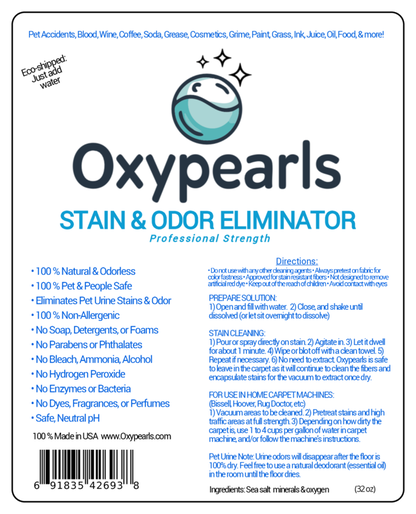 32 oz spray bottle of Oxypearls Carpet, Upholstery, and Pet Stain & Odor Eliminator